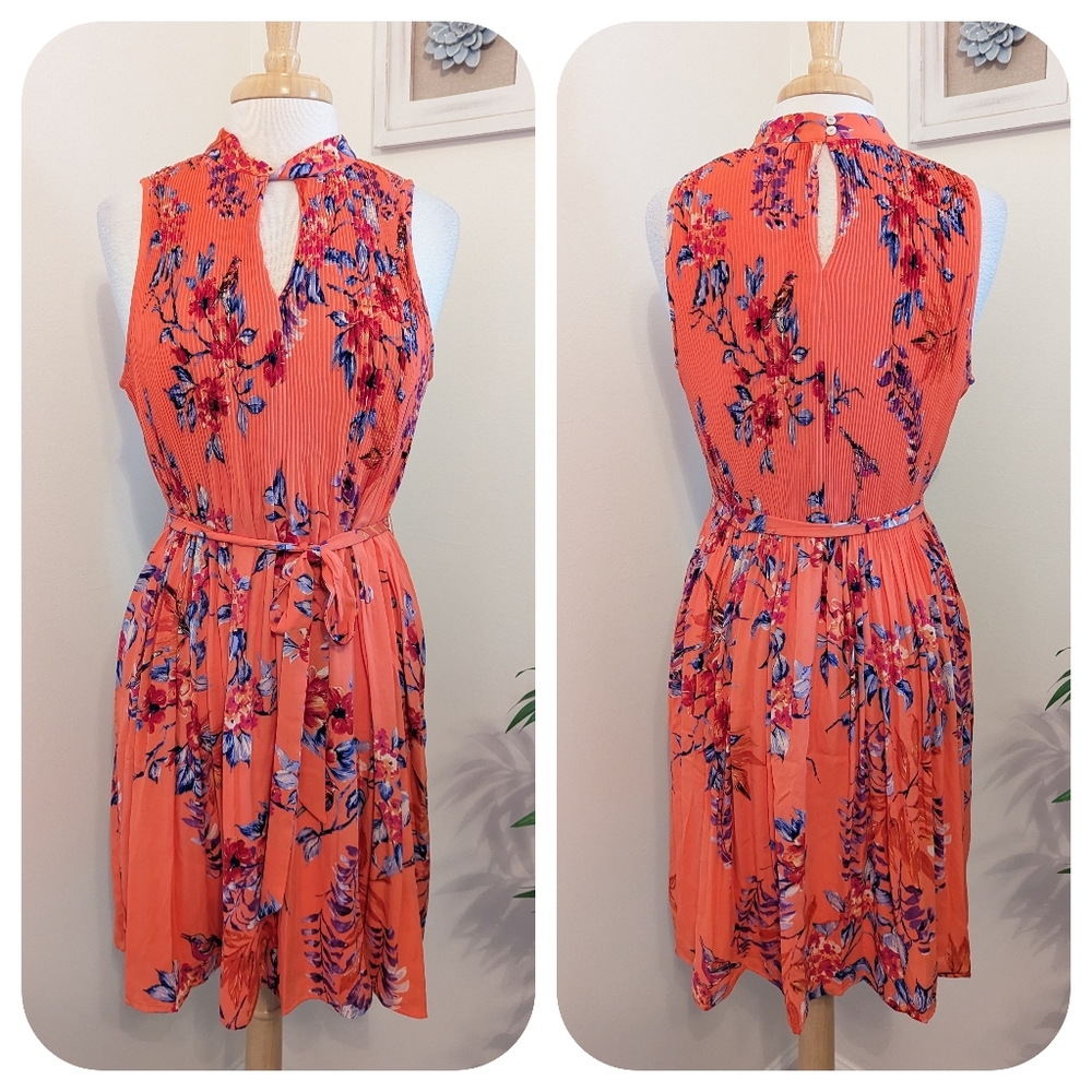 DR2 by Daniel Rainn Floral Pleated Keyhole Halter Mini Dress Coral Orange Medium